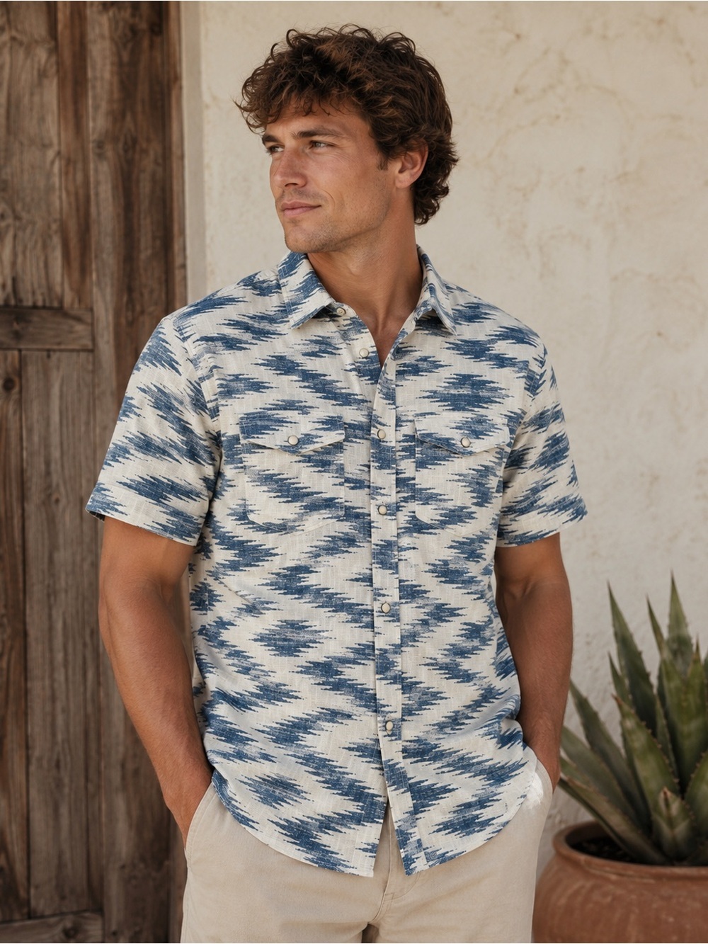NWOT Lucky Brand Men’s Blue Ikat Print Snap Button Shirt Size Small